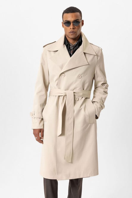 Beige Double Breasted Long Men's Trench Coat