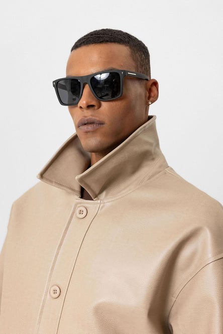 Beige Oversize Faux Leather Men's Coat