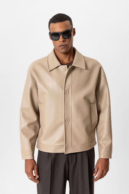 Beige Oversize Faux Leather Men's Coat