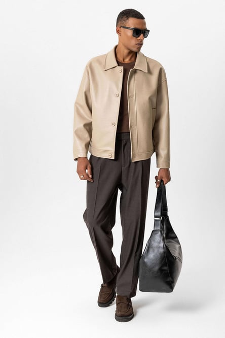 Beige Oversize Faux Leather Men's Coat