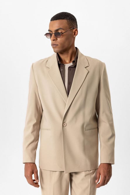 Beige Single Button Relaxed Men's Blazer Jacket