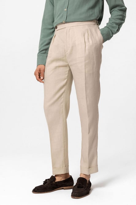 Beige High Waist 100% Linen Pleated Men's Trousers