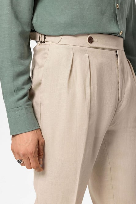 Beige High Waist 100% Linen Pleated Men's Trousers