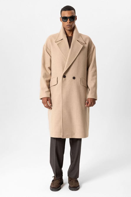 Beige Wool Blend Double Breasted Men's Coat