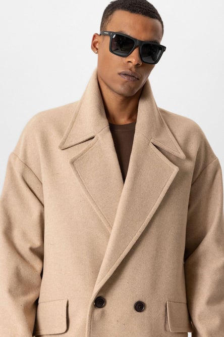 Beige Wool Blend Double Breasted Men's Coat