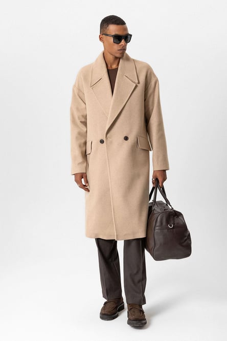 Beige Wool Blend Double Breasted Men's Coat