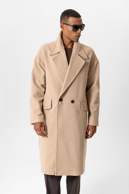 Beige Wool Blend Double Breasted Men's Coat