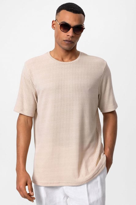 Antioch Beige Crew Neck Ribbed Men's T-Shirt