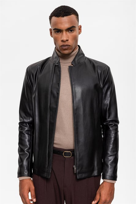 Black Stand Collar Leather Coat