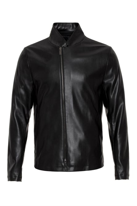 Black Stand Collar Leather Coat