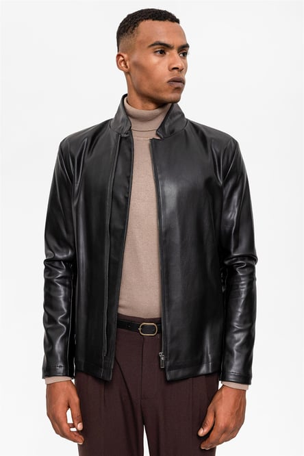 Black Stand Collar Leather Coat