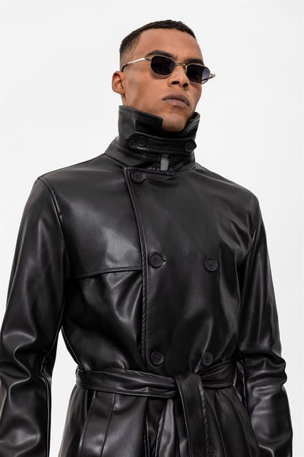 Black Men's Double Breasted Faux Leather Trench Coat with Belt Detail