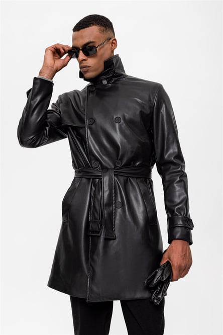 Black Men's Double Breasted Faux Leather Trench Coat with Belt Detail