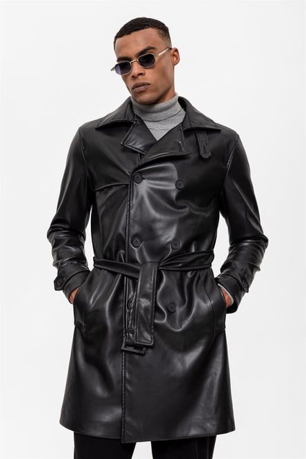 Black Men's Double Breasted Faux Leather Trench Coat with Belt Detail