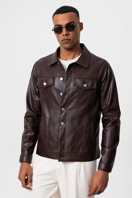 Brown Men's Slim Fit Button-Closed Leather Coat