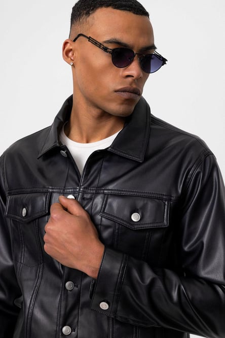 Black Men's Slim Fit Button-Closed Leather Coat