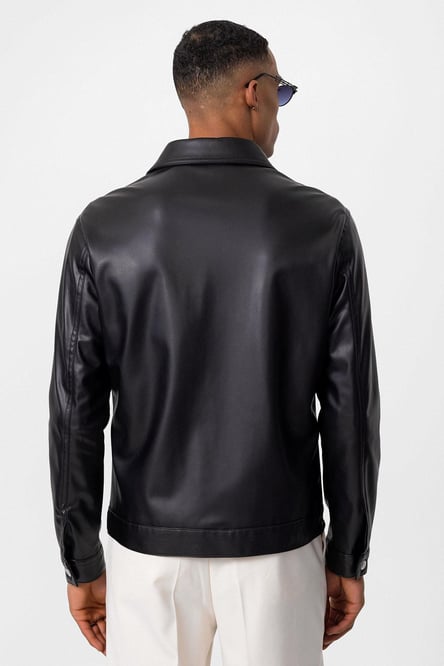 Black Men's Slim Fit Button-Closed Leather Coat