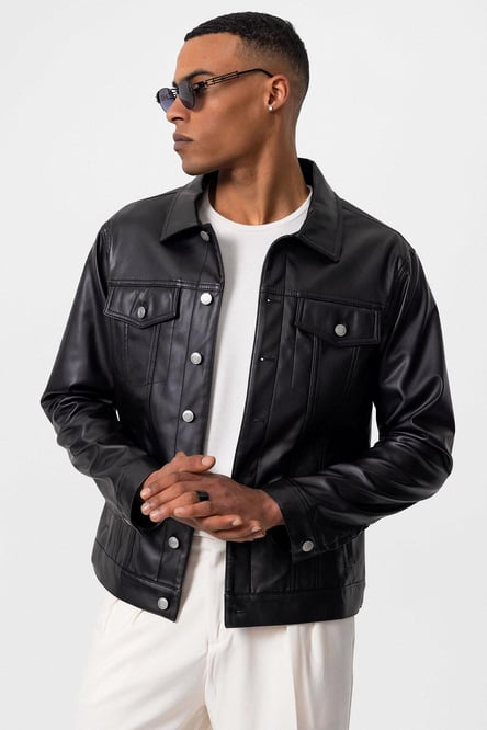 Black Men's Slim Fit Button-Closed Leather Coat