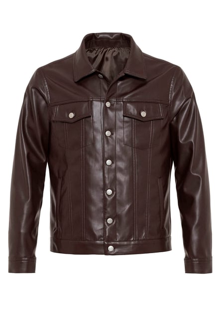 Brown Men's Slim Fit Button-Closed Leather Coat