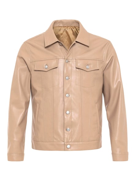 Light Beige Men's Slim Fit Button-Closed Leather Coat