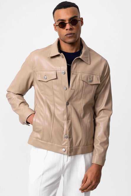 Light Beige Men's Slim Fit Button-Closed Leather Coat