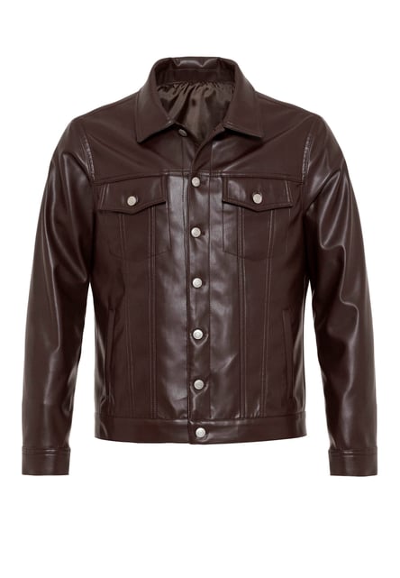 Brown Men's Slim Fit Button-Closed Leather Coat