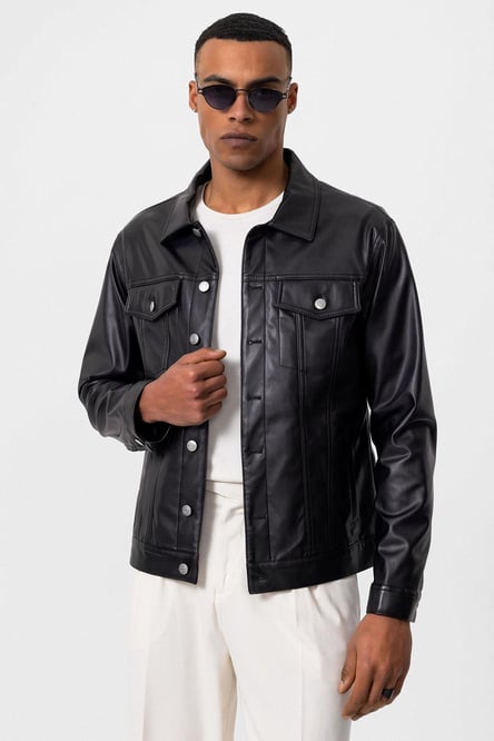 Black Men's Slim Fit Button-Closed Leather Coat