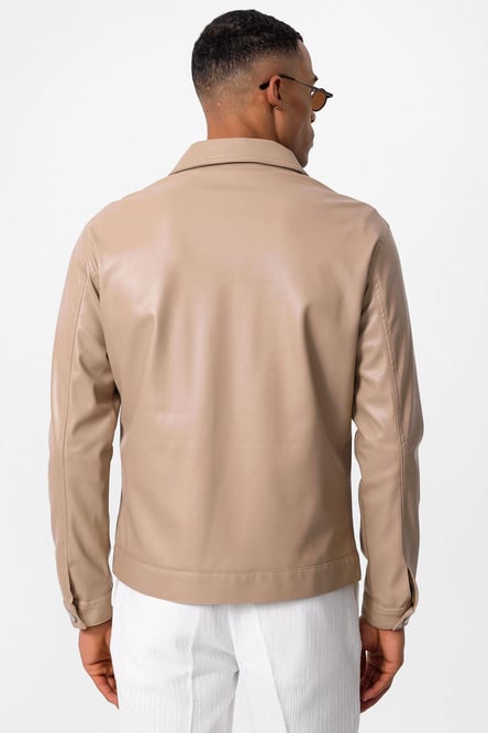 Light Beige Men's Slim Fit Button-Closed Leather Coat