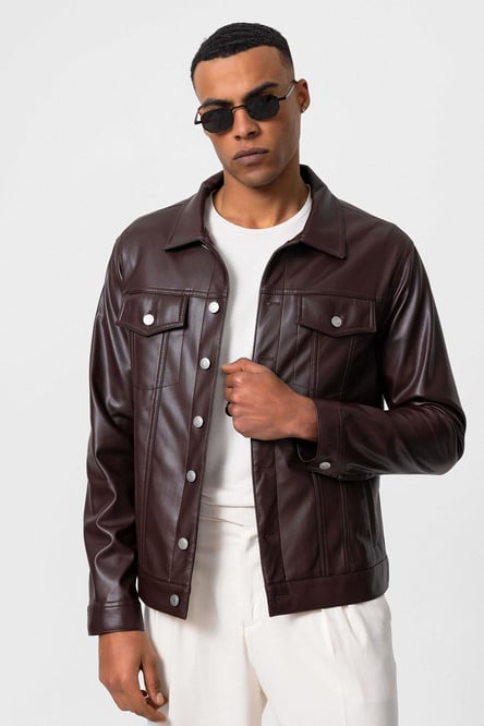 Brown Men's Slim Fit Button-Closed Leather Coat