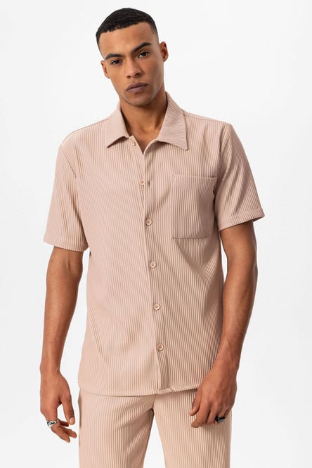 Antioch Beige Ribbed Short Sleeve Men's Shirt