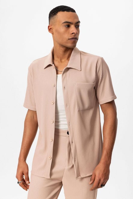 Antioch Beige Ribbed Short Sleeve Men's Shirt