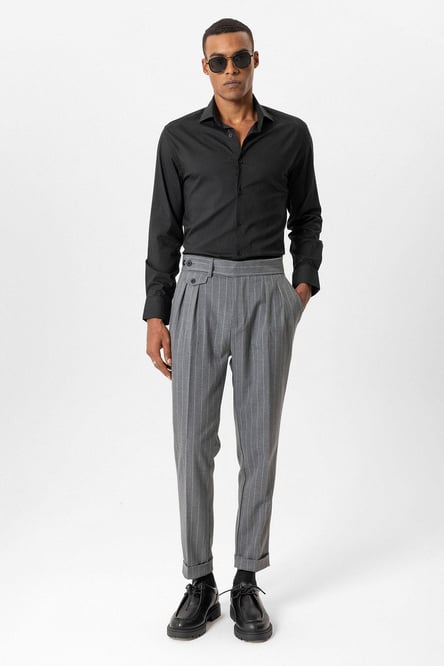 Gray High Waist Pleated Striped Men's Trousers