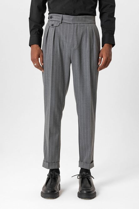 Gray High Waist Pleated Striped Men's Trousers