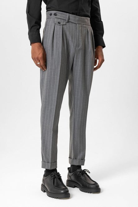 Gray High Waist Pleated Striped Men's Trousers