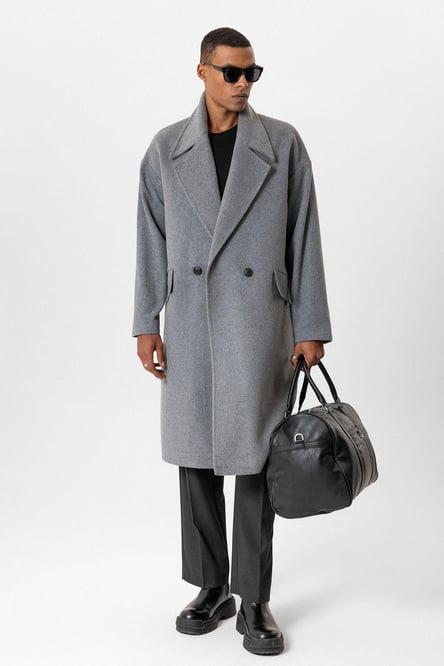 Gray Wool Blend Double Breasted Men's Coat