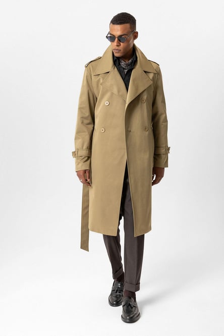 Khaki Double Breasted Long Men's Trench Coat