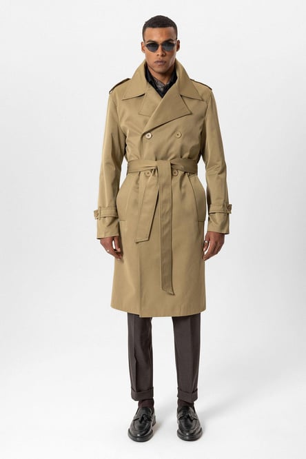 Khaki Double Breasted Long Men's Trench Coat