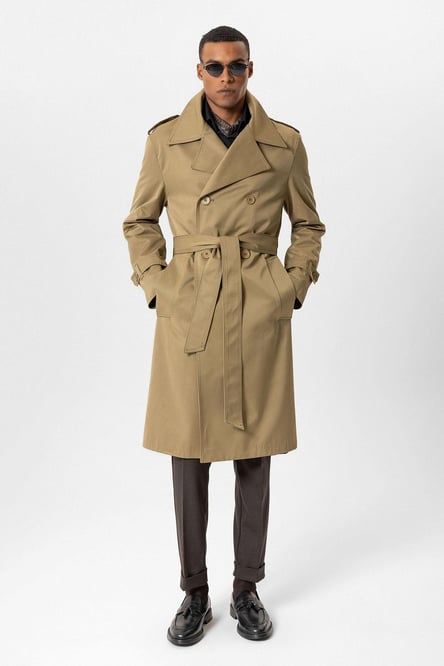 Khaki Double Breasted Long Men's Trench Coat