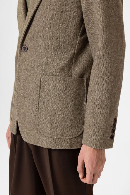 Khaki Slim Fit Herringbone Patterned Men's Blazer Jacket