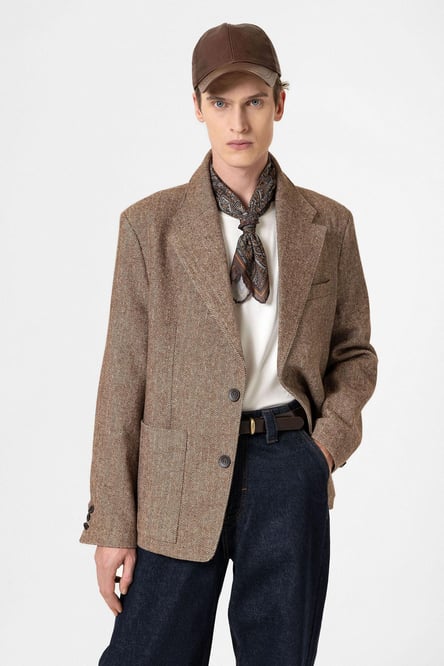 Brown Herringbone Patterned Oversize Men's Blazer Jacket