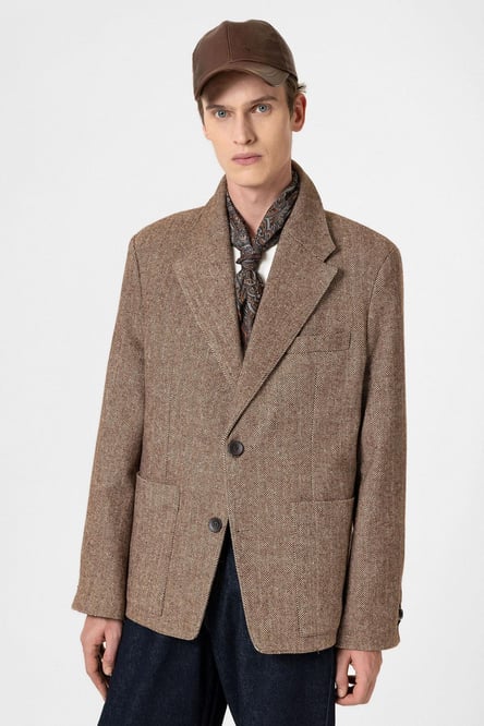 Brown Herringbone Patterned Oversize Men's Blazer Jacket