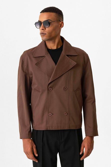 Brown Crop Fit Men's Trench Coat