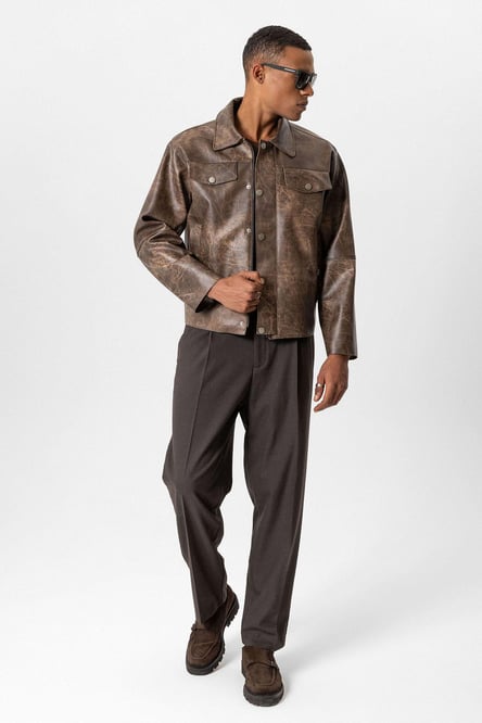 Brown Crop Fit Faux Leather Men's Coat