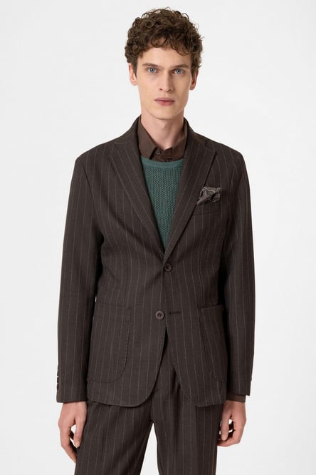 Brown Slim Fit Striped Men's Blazer Jacket