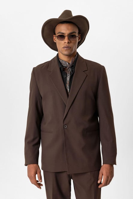 Brown Single Button Relaxed Men's Blazer Jacket