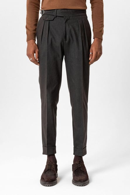 Brown Buckle Detailed High Waist Men's Trousers