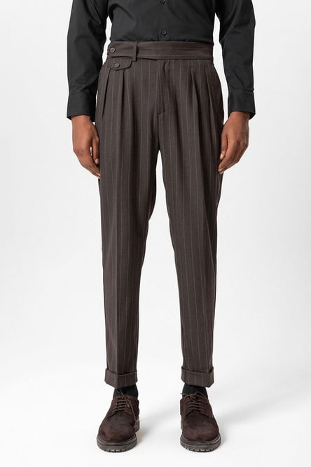 Brown High Waist Pleated Striped Men's Trousers