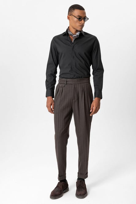 Brown High Waist Pleated Striped Men's Trousers