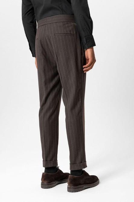 Brown High Waist Pleated Striped Men's Trousers