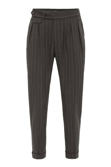 Brown High Waist Pleated Striped Men's Trousers